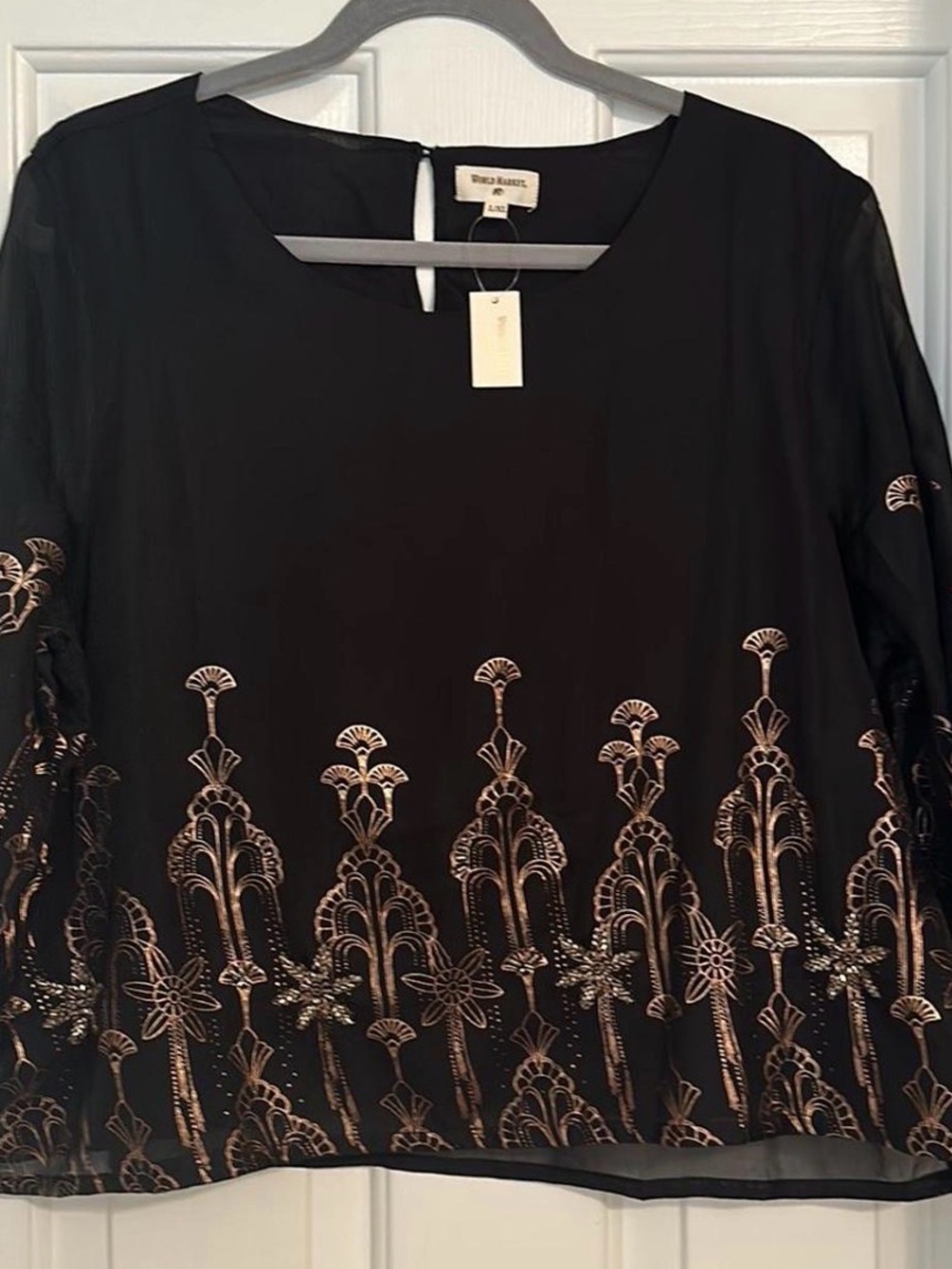 World Market L/XL Black Gold Art Deco Beaded Sheer Blouse Floral Boho Top - Picture 2 of 7